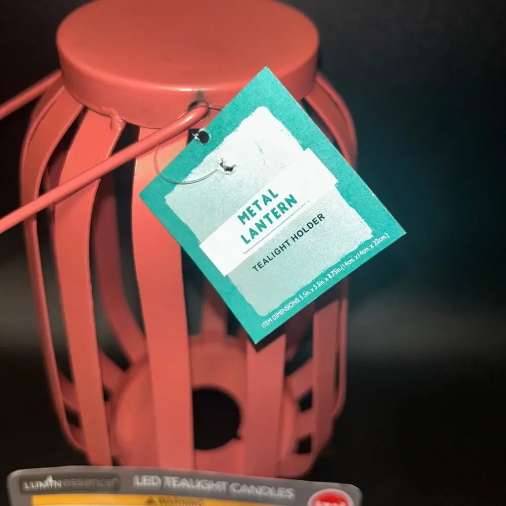 New NWT Coral Pink Caged Lantern Tealight Candle Holder w/ 3 Electric Candles